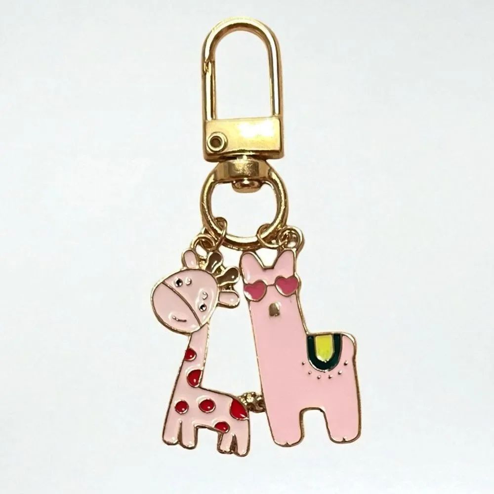 Cute Pink Giraffe and Pink Llama Keychain Zipper Pull